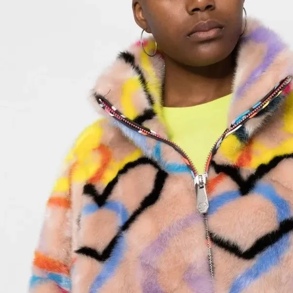 Philipp Plein Multicolor Heart-Print Faux-Fur High-Neck Coat - Picture 4 of 10